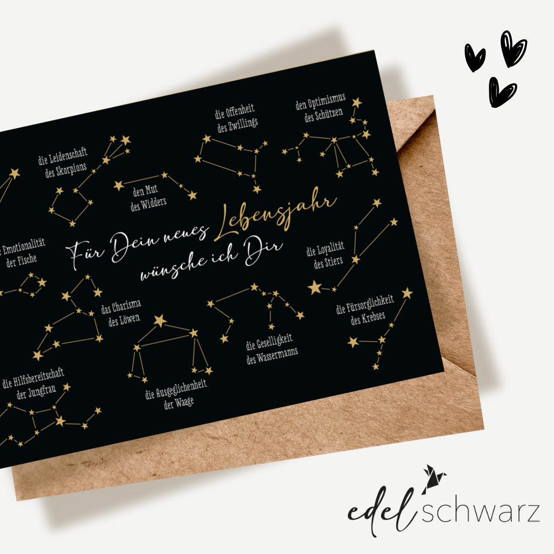 goldbek-edelschwarz-doppelkarte-sternzeichen-geburtstagskarte image 1