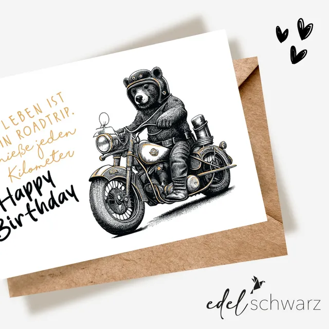 goldbek-edelschwarz-b-r-auf-motorrad-doppelkarte-geburtstag image 1