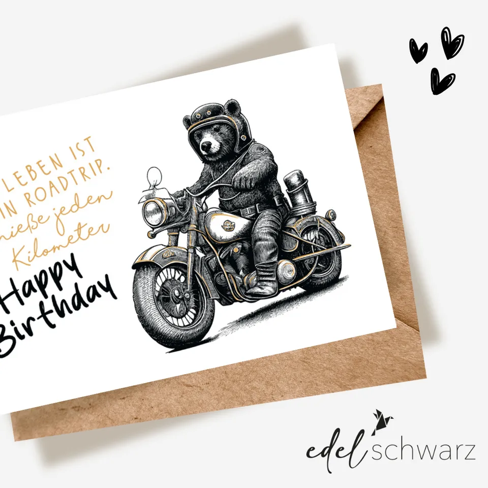 goldbek-edelschwarz-b-r-auf-motorrad-doppelkarte-geburtstag image 1