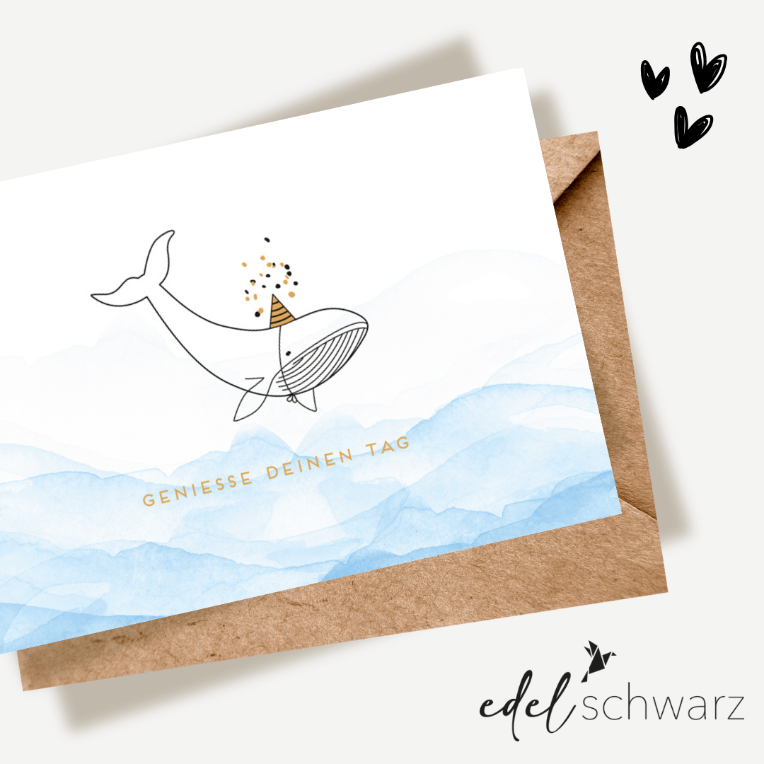 goldbek-edelschwarz-wal-mit-partyhut-doppelkarte-geburtstag image 1