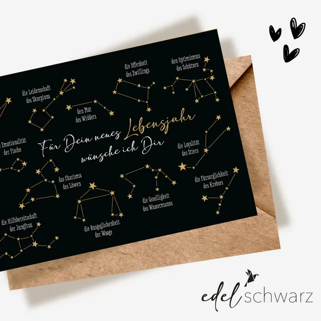 goldbek-edelschwarz-doppelkarte-sternzeichen-geburtstagskarte image 1