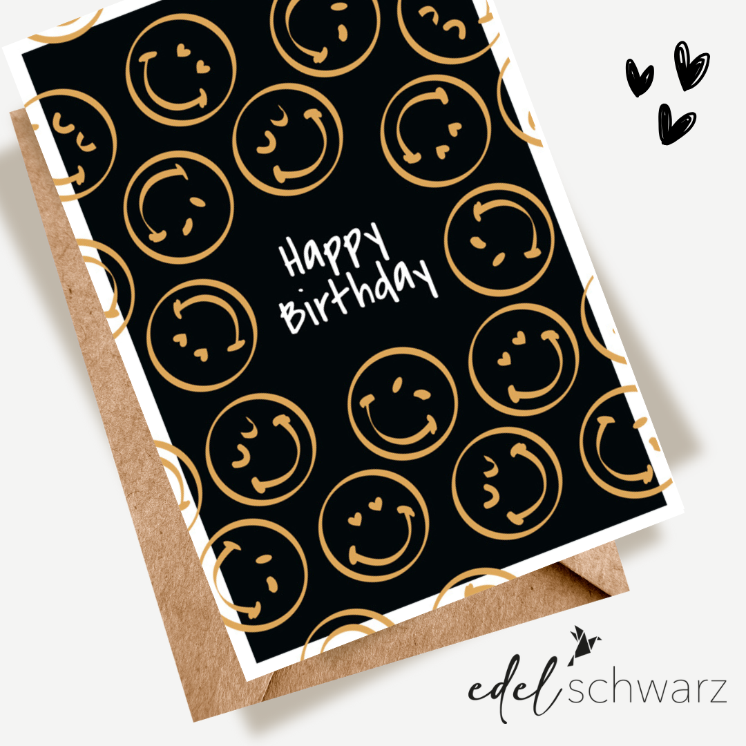 goldbek-edelschwarz-goldene-smileys-doppelkarte-happy-birthday image 1