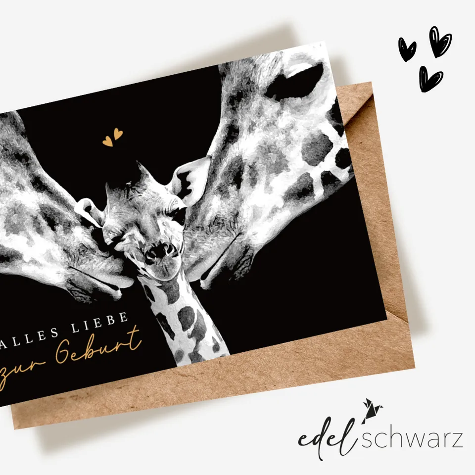 goldbek-edelschwarz-doppelkarte-giraffenbaby-geburtskarte image 1