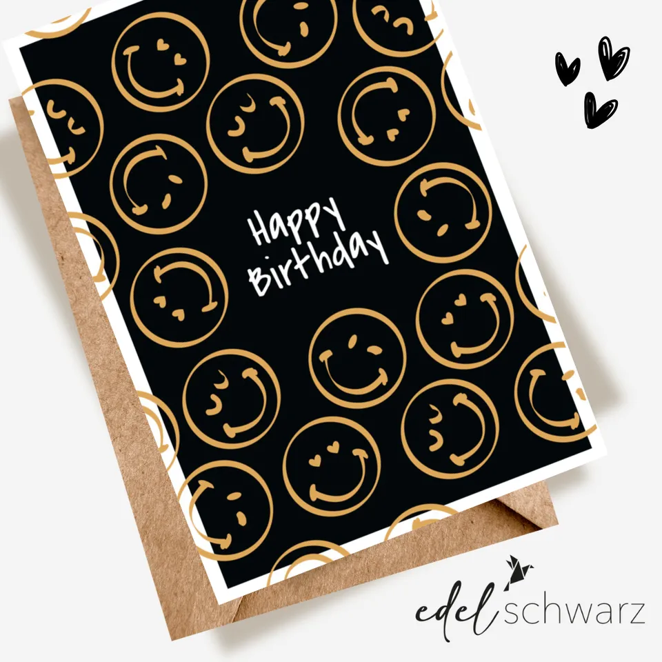 goldbek-edelschwarz-goldene-smileys-doppelkarte-happy-birthday image 1