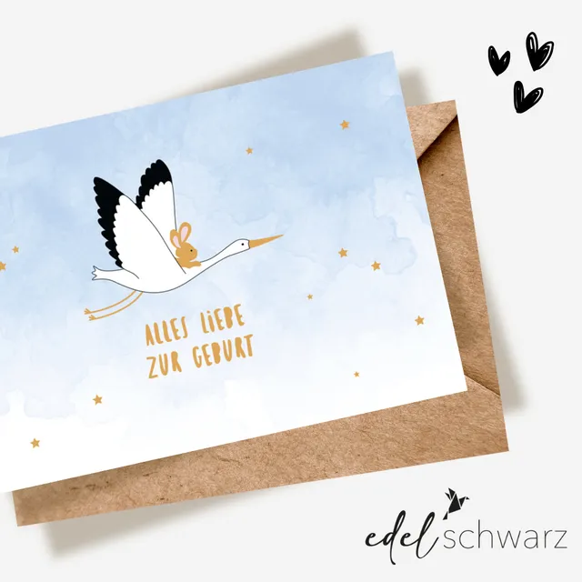 goldbek-edelschwarz-hasenbaby-fliegt-mit-storch-doppelkarte-geburt image 1