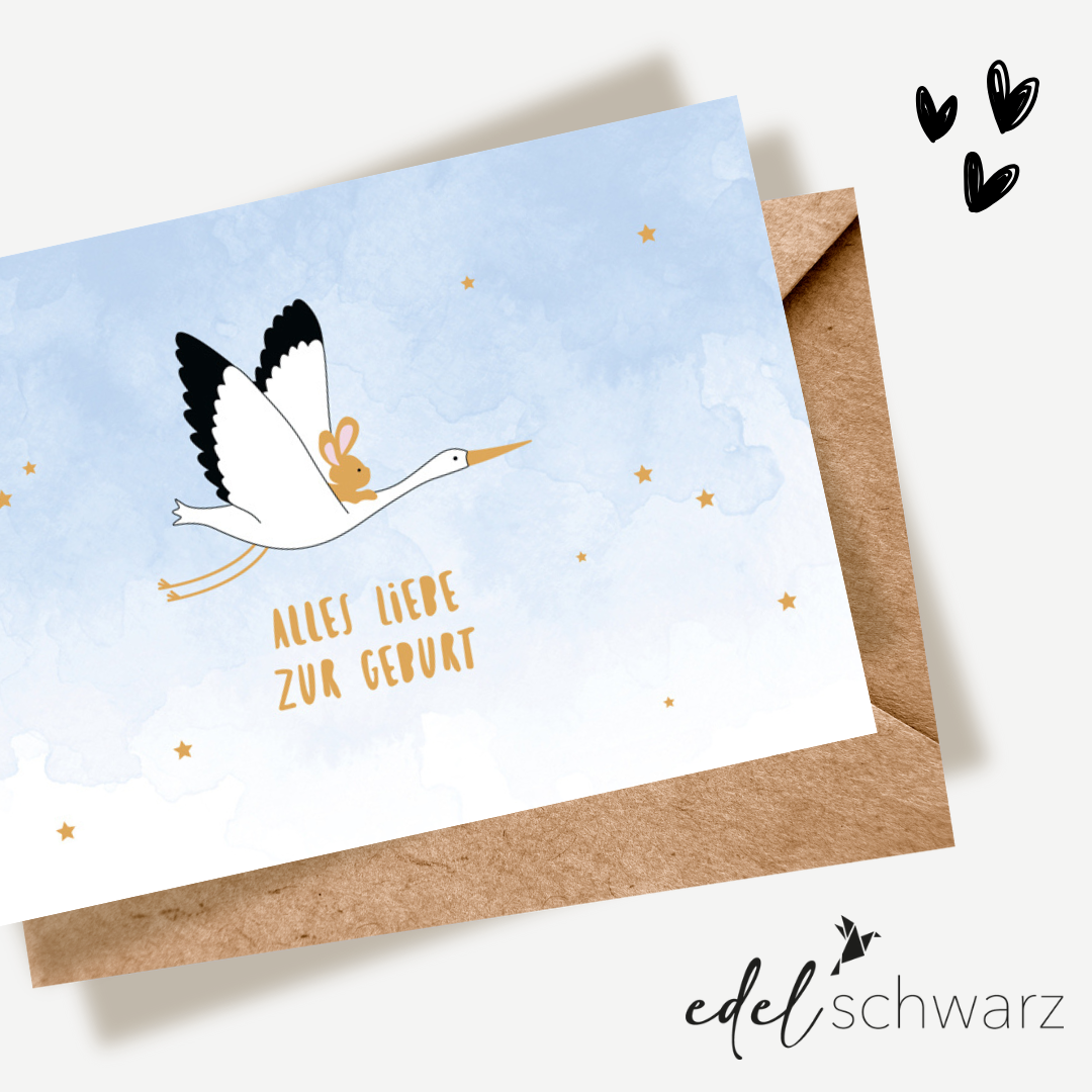 goldbek-edelschwarz-hasenbaby-fliegt-mit-storch-doppelkarte-geburt image 1