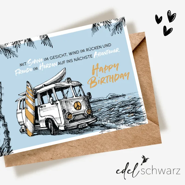 goldbek-edelschwarz-bulli-am-meer-doppelkarte-geburtstag image 1