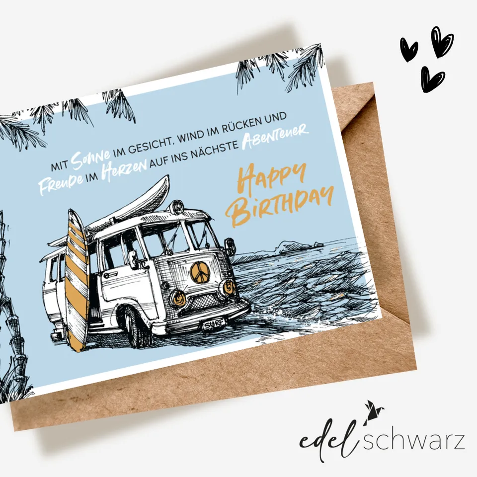 goldbek-edelschwarz-bulli-am-meer-doppelkarte-geburtstag image 1