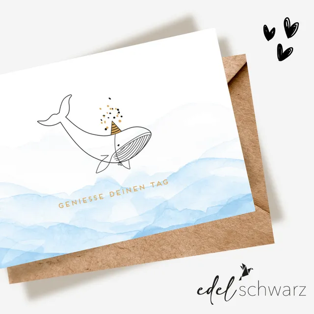 goldbek-edelschwarz-wal-mit-partyhut-doppelkarte-geburtstag image 1