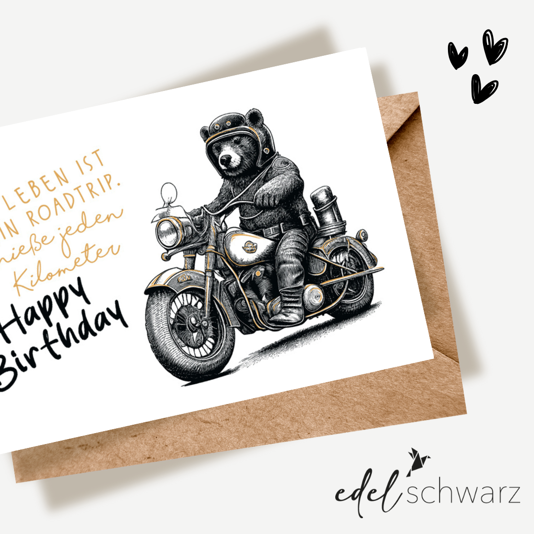 goldbek-edelschwarz-b-r-auf-motorrad-doppelkarte-geburtstag image 1