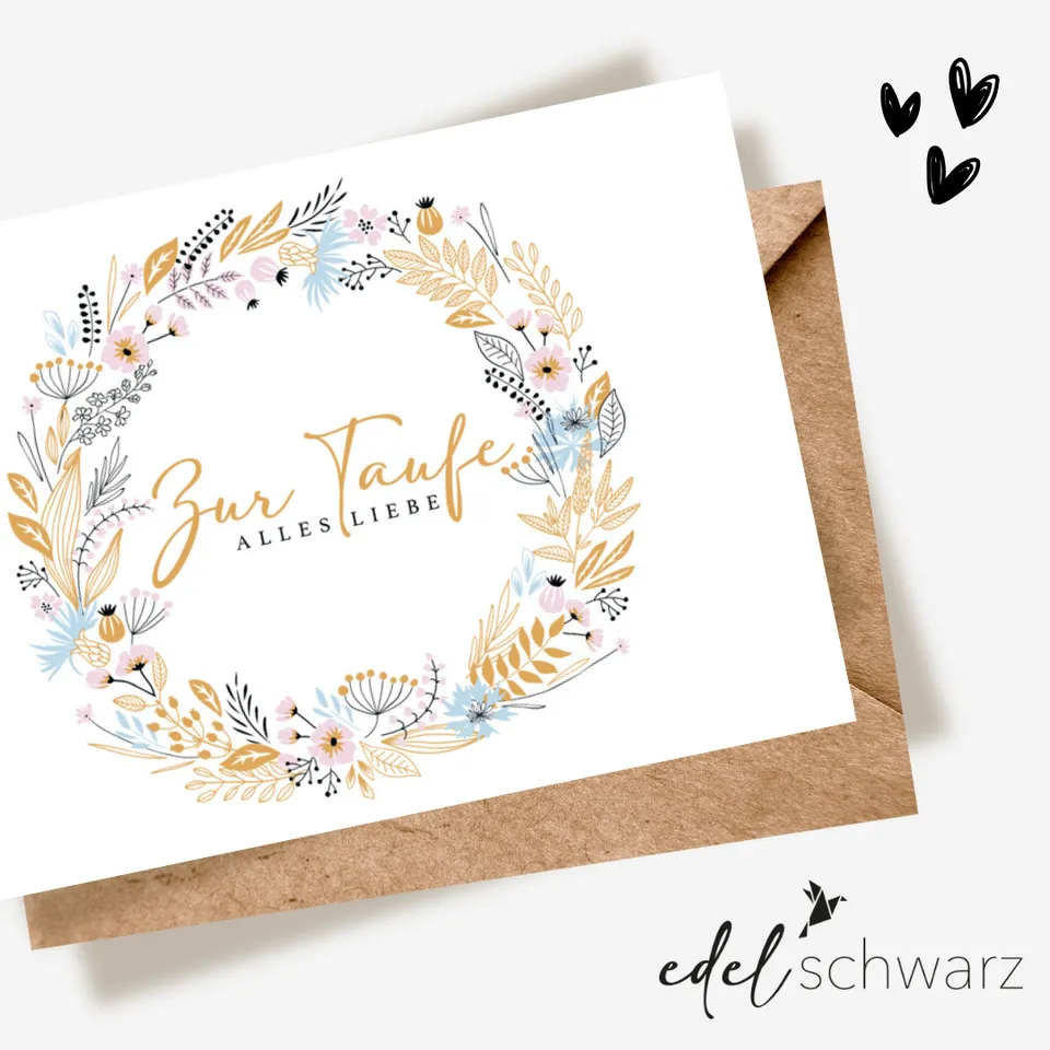 goldbek-edelschwarz-doppelkarte-blumenkranz-taufkarte image 1
