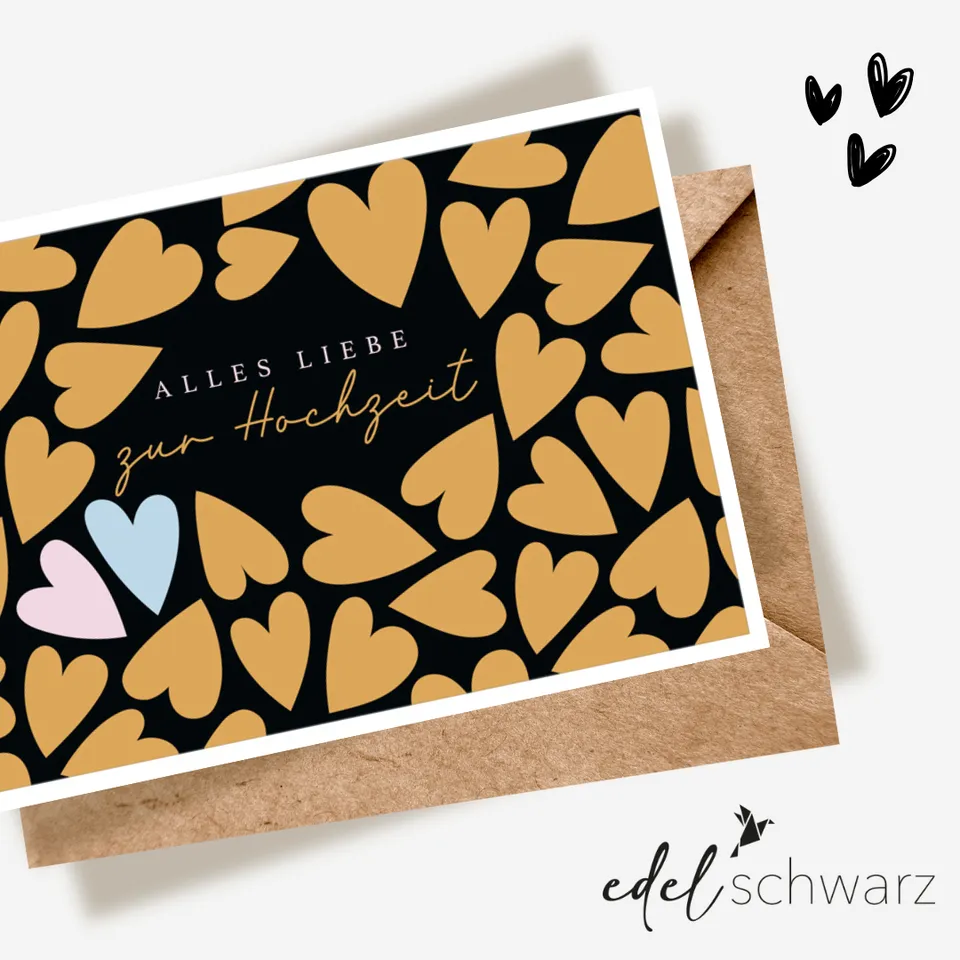 goldbek-edelschwarz-doppelkarte-goldherzen-hochzeit image 1