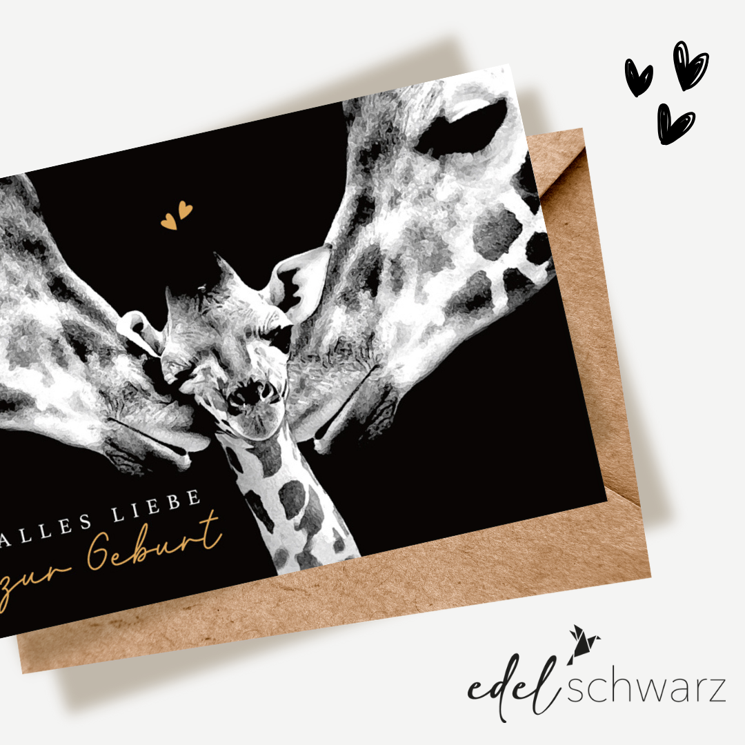 goldbek-edelschwarz-doppelkarte-giraffenbaby-geburtskarte image 1