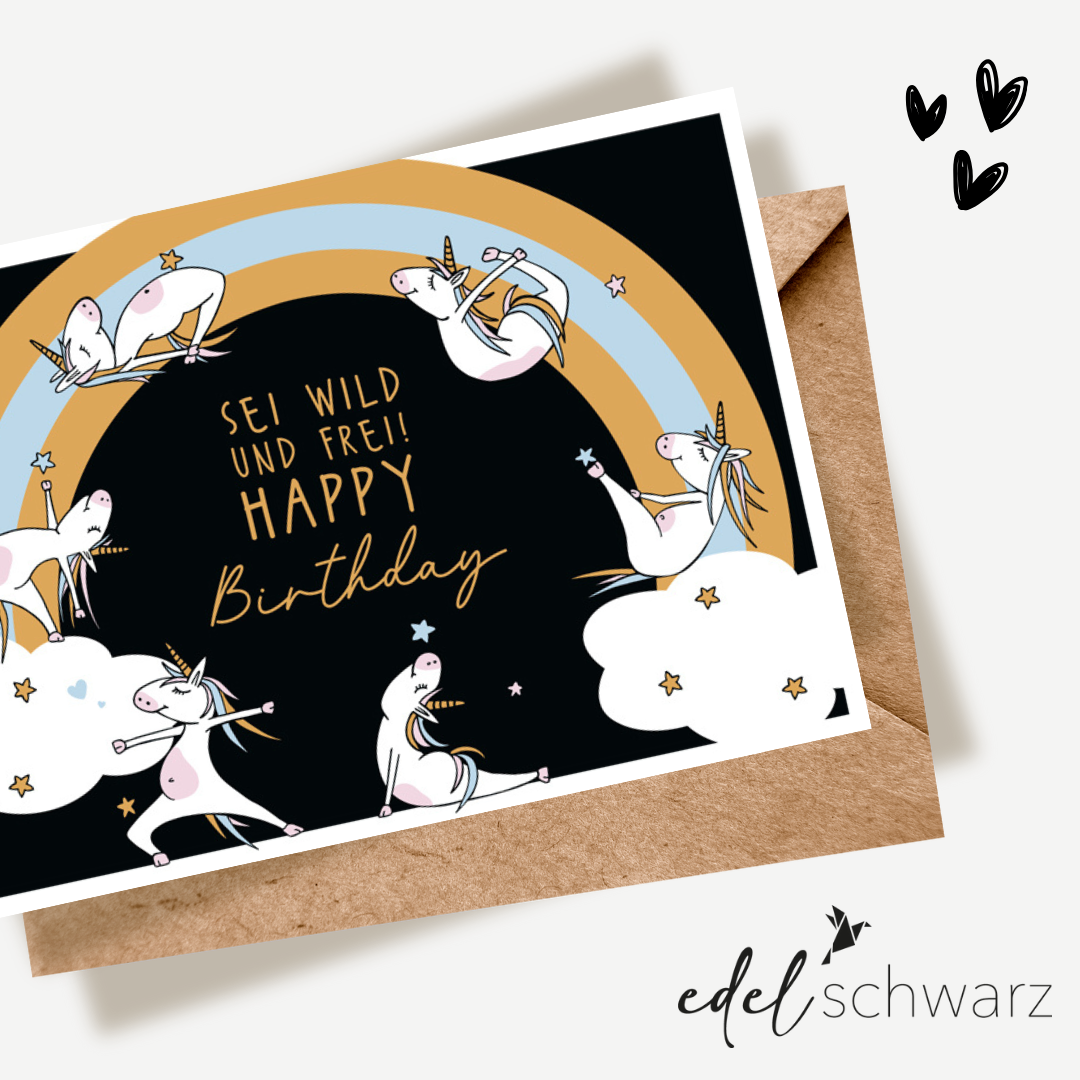 goldbek-edelschwarz-doppelkarte-einh-rner-regenbogen-geburtstagskarte image 1
