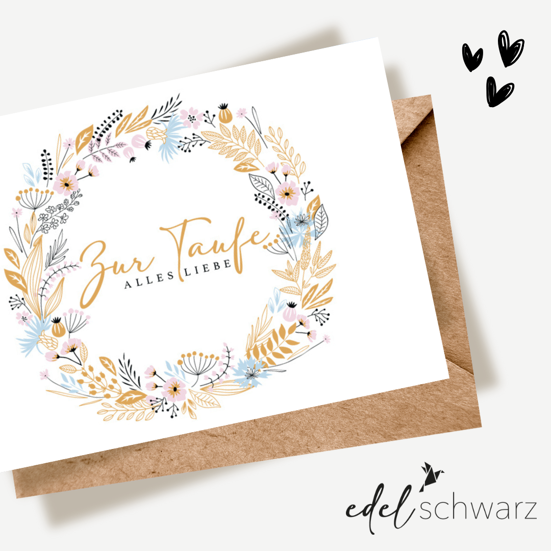 goldbek-edelschwarz-doppelkarte-blumenkranz-taufkarte image 1